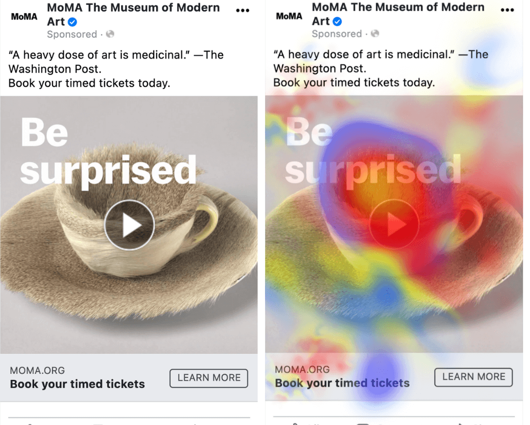 Two ads are shown side by side. On the right, a heat map overlays on the ad to show the most interesting and effective part of the ad is the video, followed by the headline, then the body copy. 