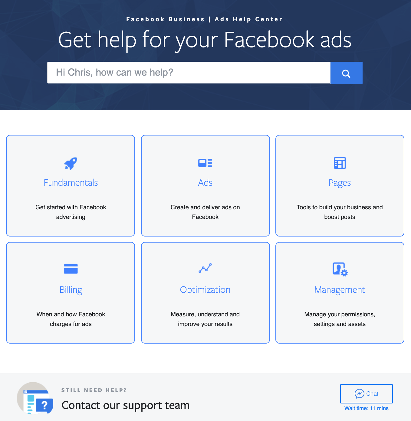 Facebook ads support chat